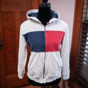 VTG 90s Y2K Tommy Hilfiger Zip Up Hoodie Womens XS S Red Cream Streetwear